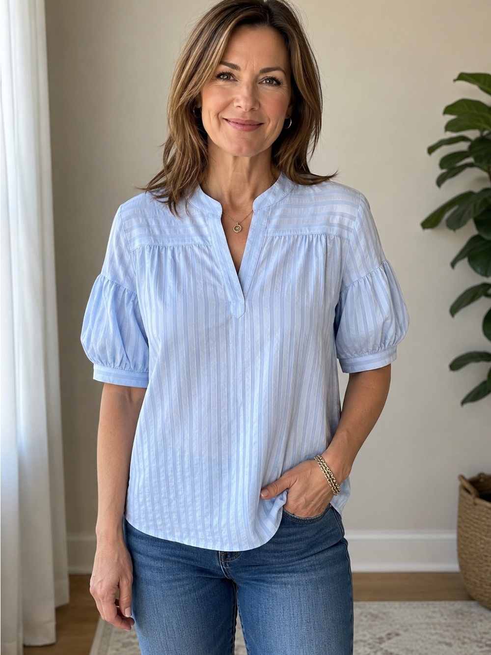 Cupshe Light Blue Pinstripe Split-Neck Top